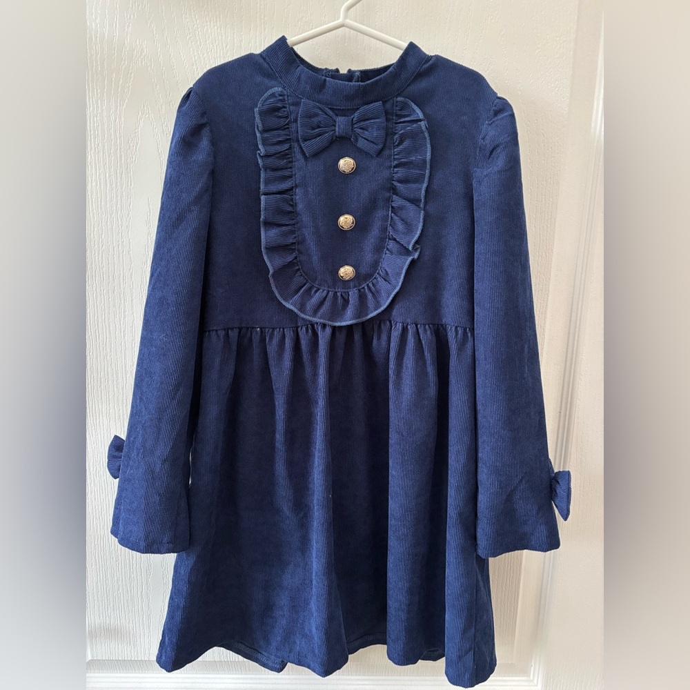 Navy Blue Corduroy Dress with Bow and Gold Buttons